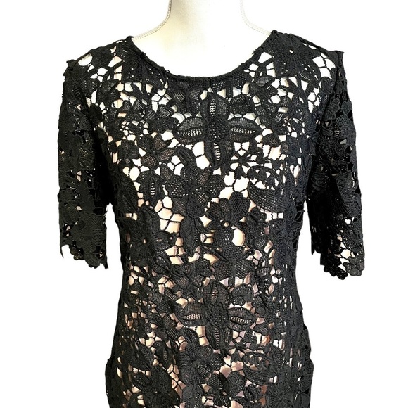 Leslie Fay Black Lace Dress Floral Sheath Round Neck Midi with Pink Slip-Size 8 - Picture 4 of 14